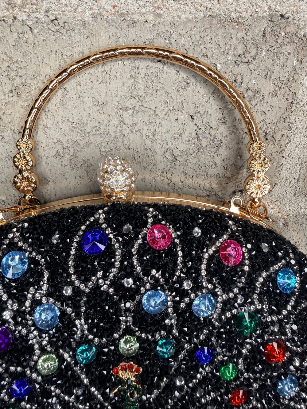Peacock Rhinestone Evening Clutch Purse Black Beaded Gold Handle Chain Bag - Picture 6 of 13